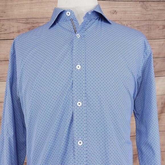 Bugatchi Shirt Mens 2XL Blue Geometric Shaped Fit Long Sleeve Button Up - Picture 1 of 9